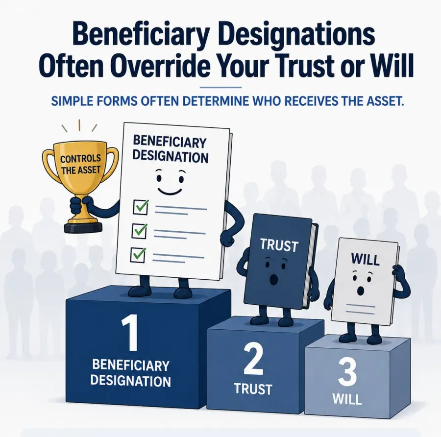 For many retirement accounts, annuities, and life insurance policies, the beneficiary designation - not the trust or will - controls who receives the asset. Illustration showing beneficiary designations taking priority over a trust and will on a podium