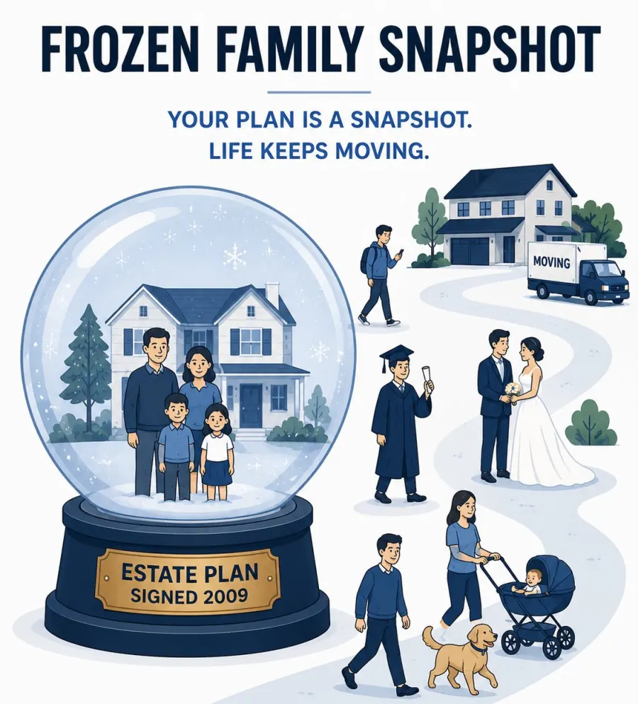 The plan stayed still. Life didn't. Illustration of a family frozen in a snow globe while life events continue along a path outside it